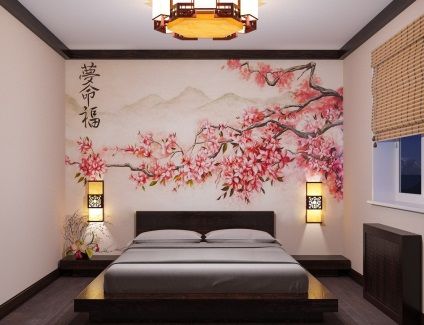 Blossom and calligraphy on the wall make a neat Japanese decorations for the bedroom